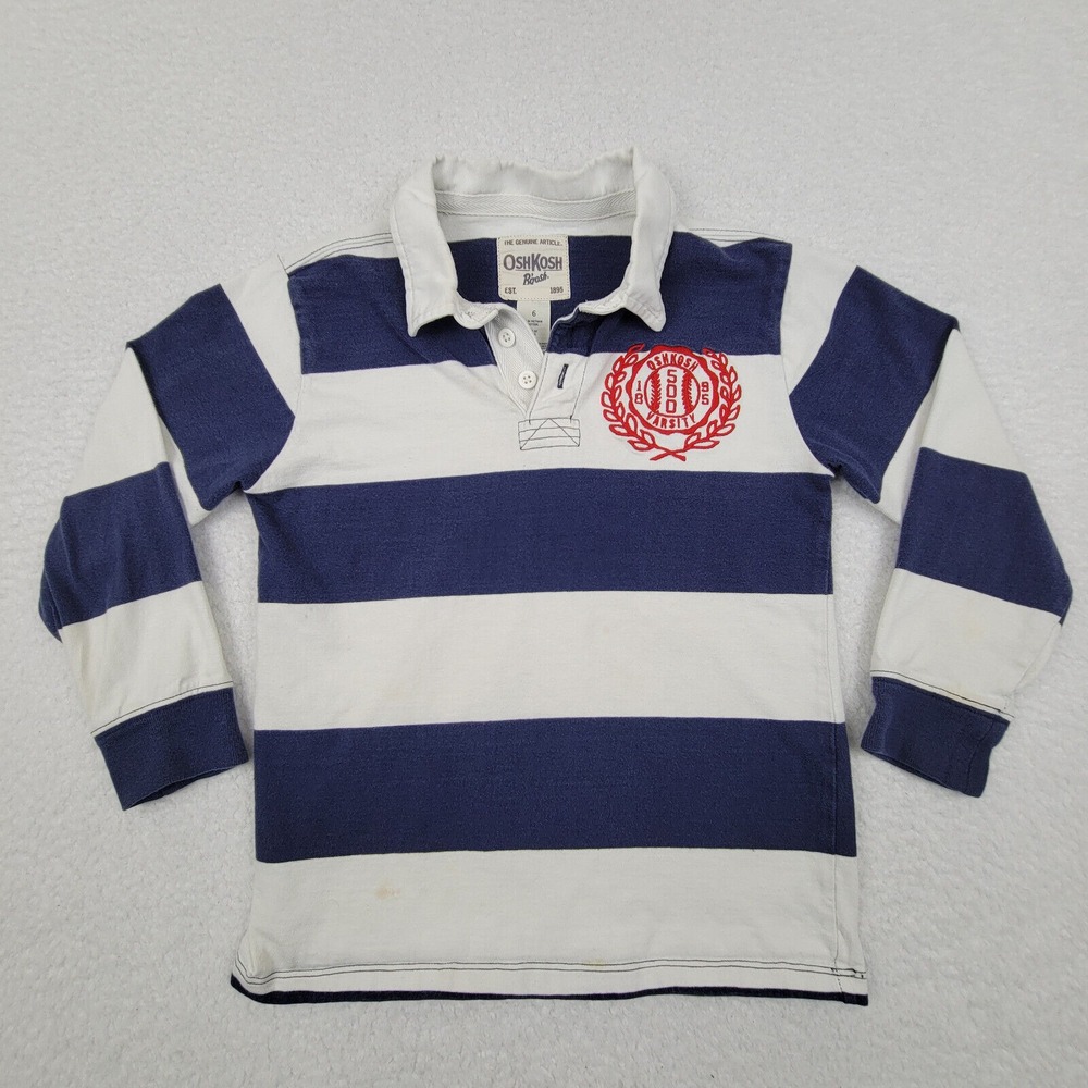 OshKosh B'gosh Boys 6 Rugby Shirt Blue White Striped Cotton Long Sleeve READ